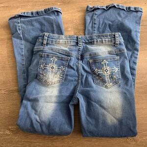 Bedazzled Distressed Jeans Denim Shein Cross Size 12Y Youth Adjustable